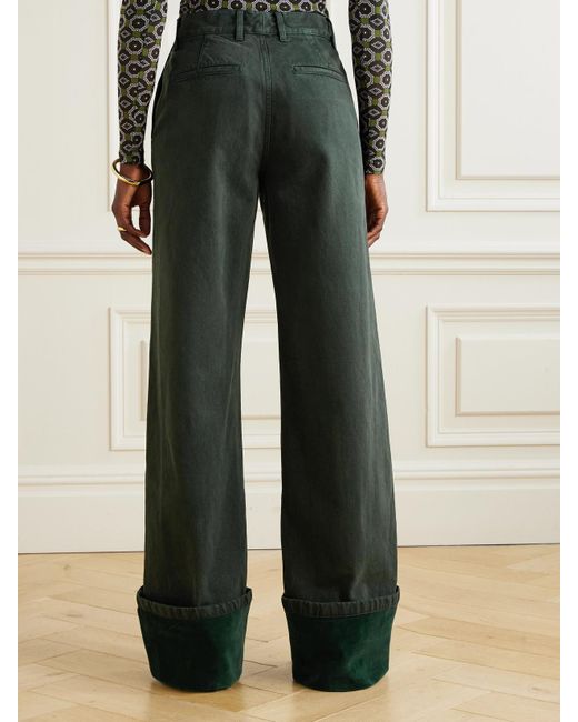 Dries Van Noten Green Velvet-Trimmed Mid-Rise Wide-Leg Jeans