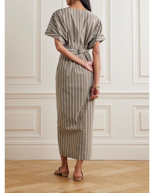 Brunello Cucinelli Natural Striped Cotton-Blend Poplin Wrap Midi Dress