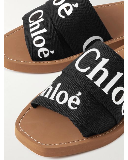 Chloé Black Woody Logo-Print Canvas Slides
