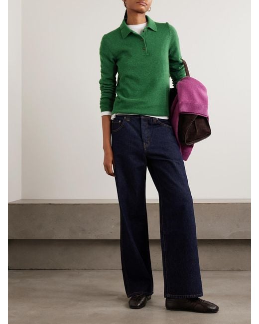 The Elder Statesman Green Laurel Cashmere Polo Sweater