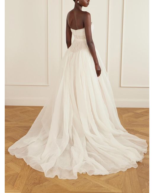 Danielle Frankel White Henrietta Strapless Bustier Crinkled Silk-Organza Gown