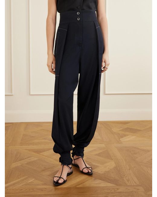 Sharon Wauchob Blue Arch Topstitched Paneled Pleated Wool-Twill Tapered Pants