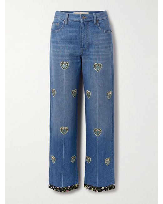 Valentino Blue Embroidered Embellished High-Rise Straight-Leg Jeans