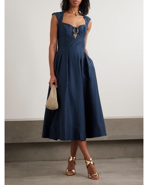 Rebecca Vallance Blue Serenity Embellished Pleated Lyocell-Blend Midi Dress