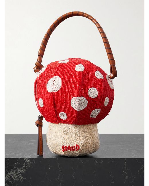 Staud Red Shroom Leather-Trimmed Beaded Satin Tote