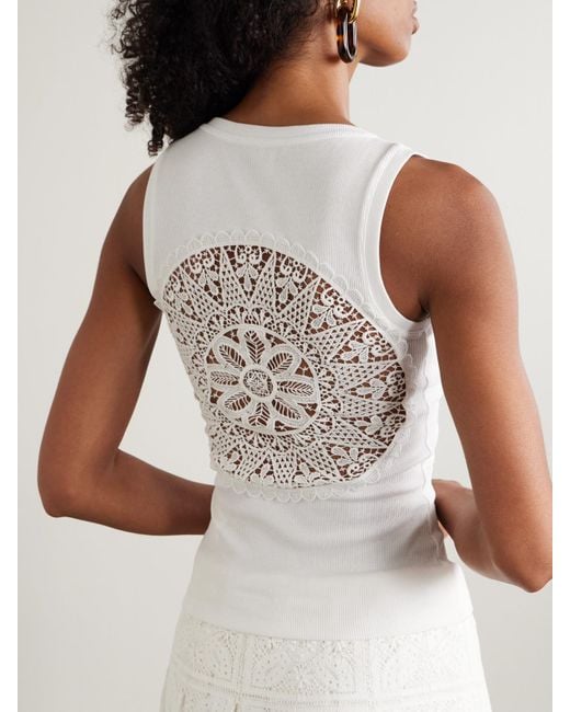 Loewe White Paula's Ibiza Cutout Corded Lace-Trimmed Ribbed Stretch Cotton-Jersey Tank