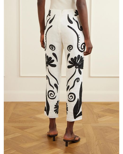 Cala De La Cruz White Sylvie Cropped Sequin-Embellished Printed Linen Tapered Pants