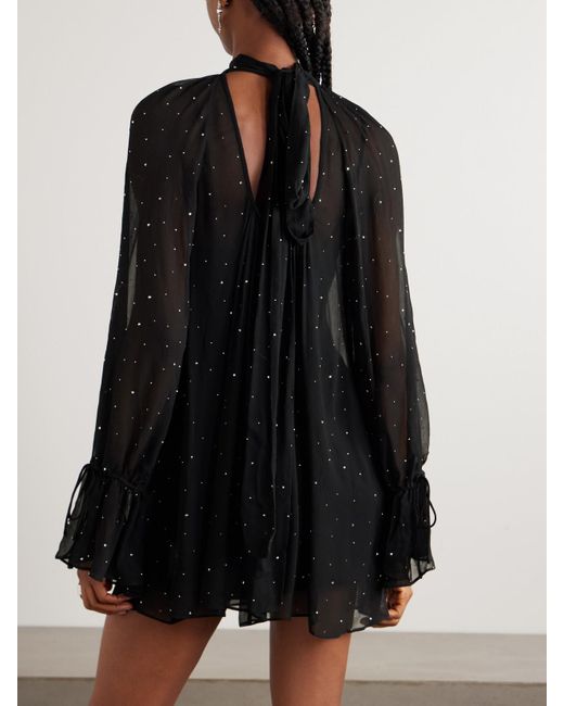 Staud Black Roux Crystal-Embellished Gathered Crepon Mini Dress