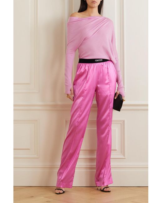 Tom Ford Velvet-trimmed Stretch-silk Satin Pants in Pink | Lyst