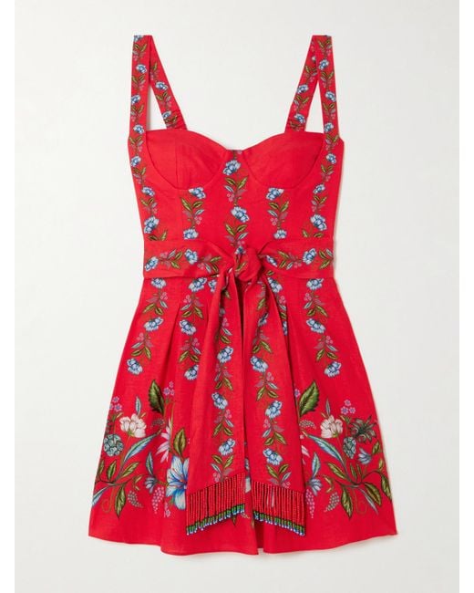 Farm Rio Red Sweet Bloom Bouquet Minikleid Aus Einer Leinen-Lenzing-Ecovero-Mischung Mit Blumenprint Und Bindegürtel