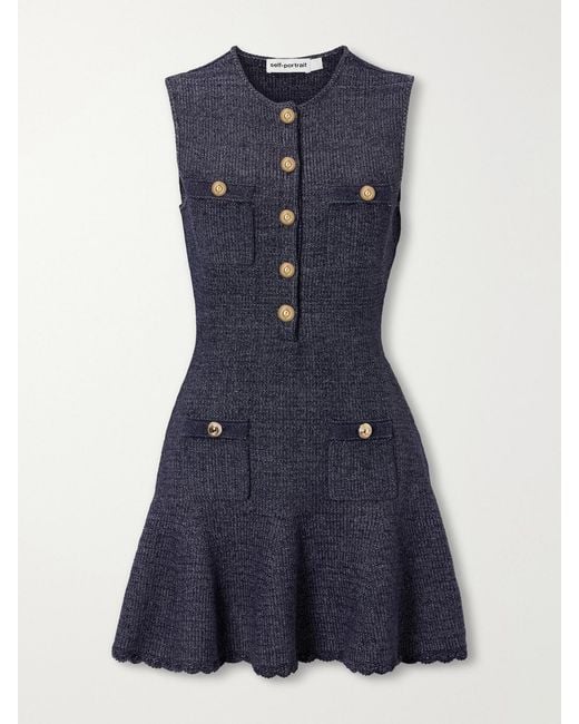 Self-Portrait Blue Scalloped Knitted Cotton-Blend Mini Dress