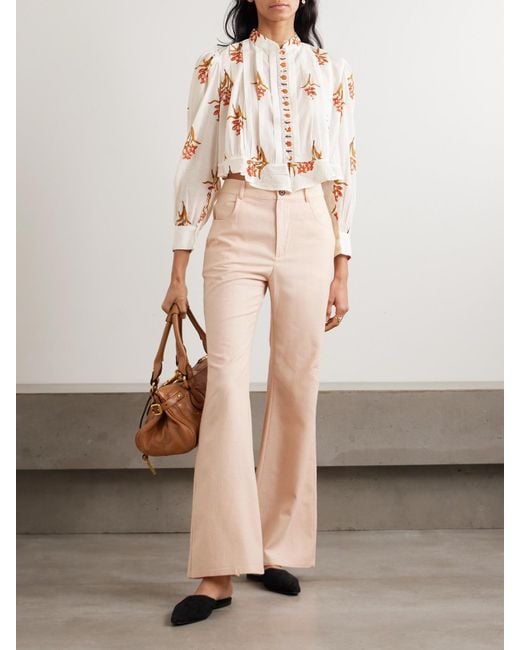 Alix Of Bohemia Natural Ryland Persimmon Cropped Pleated Floral-Print Cotton-Voile Blouse