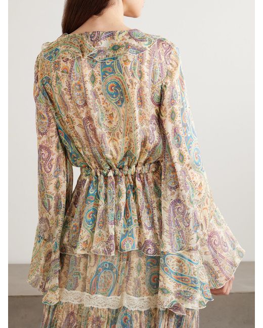 Etro Natural Ruffled Paisley-Print Silk-Chiffon Peplum Blouse