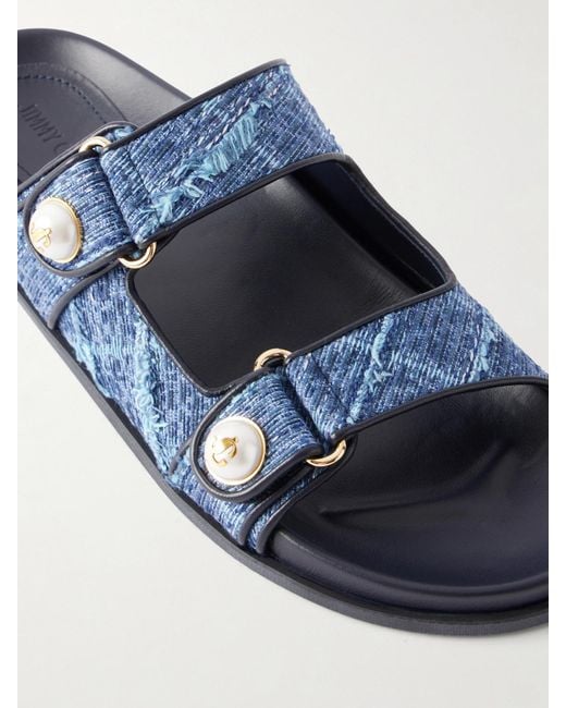 Jimmy Choo Blue Fayence Embellished Frayed Denim Sandals
