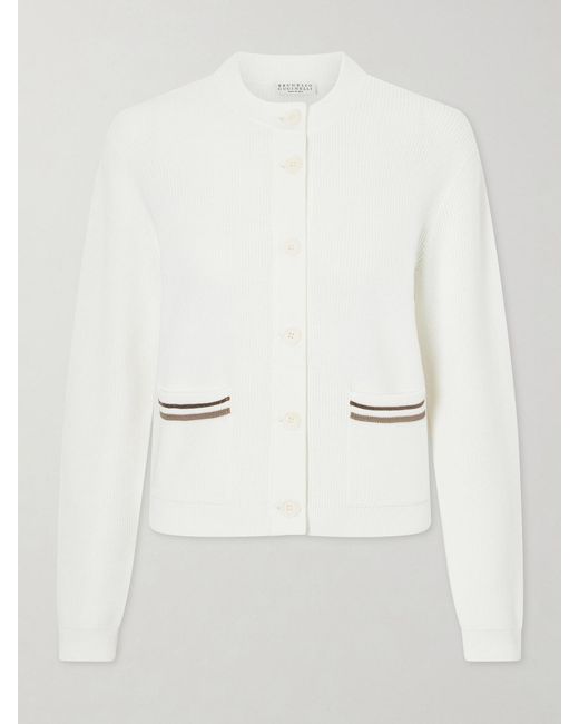 Brunello Cucinelli Natural Bead-Embellished Ribbed Cotton Cardigan