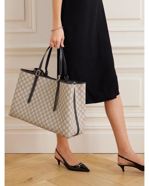 Gucci Natural Gg Emblem Große Tote Aus Beschichtetem, Bedrucktem Canvas Mit Lederbesätzen