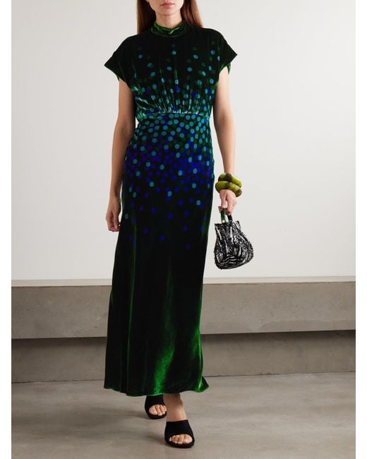Saloni Green Fabienne Gathered Printed Velvet Midi Dress