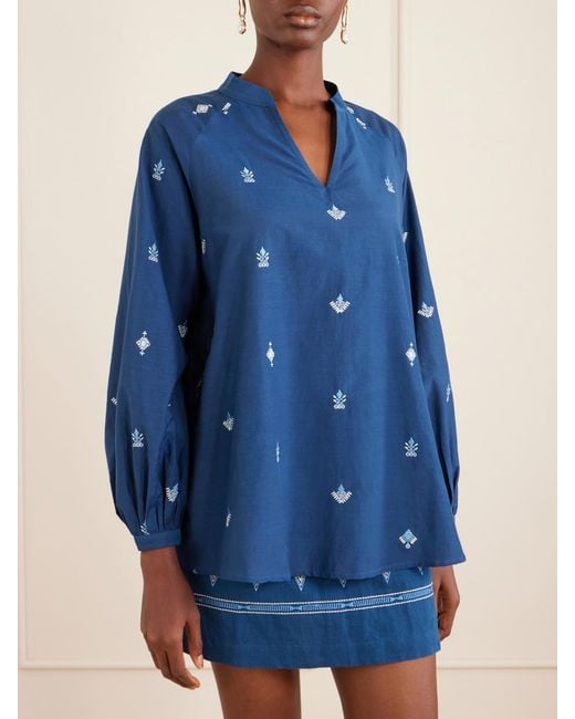 Emporio Sirenuse Blue Ilizia Embroidered Cotton And Silk-Blend Blouse