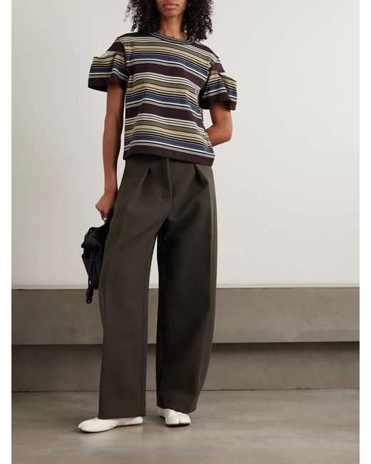 Sacai Black Piqué-Paneled Pleated Striped Cotton T-Shirt