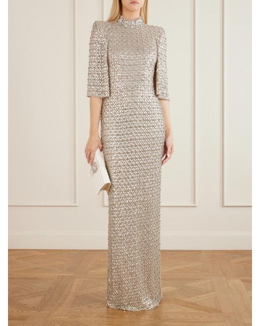 Jenny Packham White Sedona Crystal-Embellished Sequined Tulle Gown