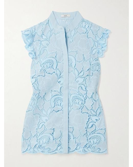 Erdem Blue Ruffled Broderie Anglaise Poplin Blouse