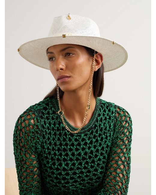 Ruslan Baginskiy Natural Embroidered Embellished Cotton-Trimmed Straw Fedora