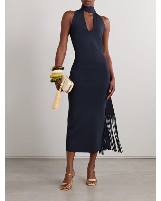 Cult Gaia Blue Caia Draped Fringed Stretch-Knit Midi Dress