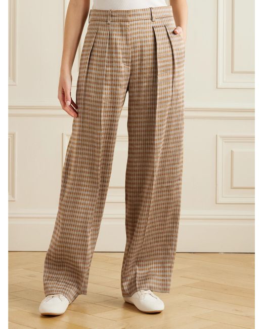 The Row Natural Sherry Pleated Checked Linen-Blend Wide-Leg Pants