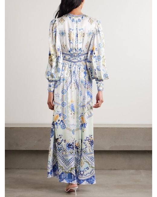 Camilla Blue Crystal-Embellished Shirred Printed Silk Maxi Dress