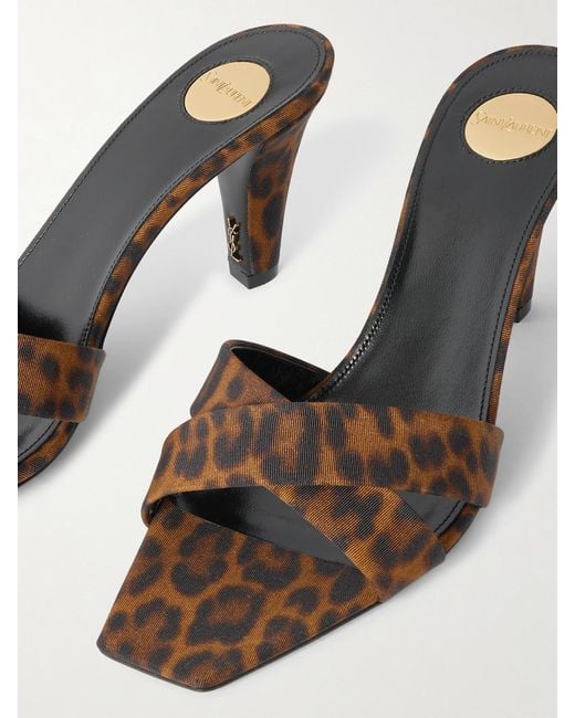 Saint Laurent Jill Leopard-Print Faille Mules in Natural