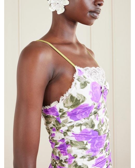 Chloé Pink Bow-Detailed Ruched Lace-Trimmed Floral-Print Swimsuit
