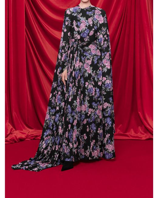 Balenciaga Blue Cape-Effect Floral-Print Plissé-Crepe Gown