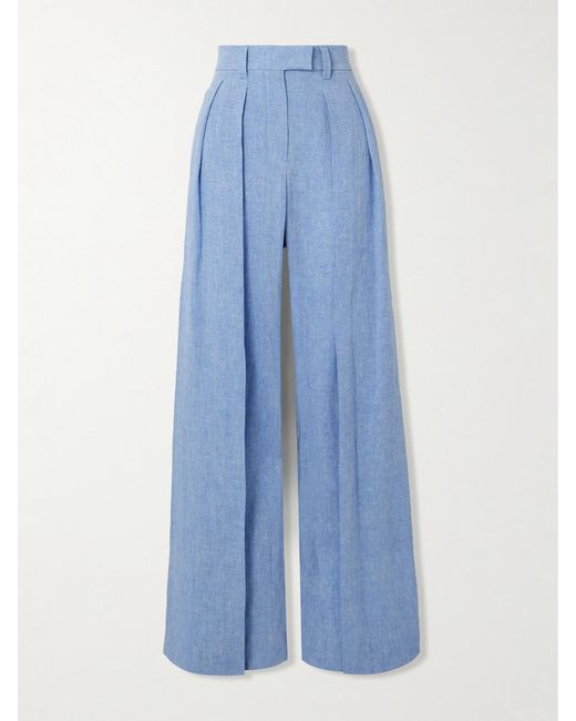 Brunello Cucinelli Blue Pleated Linen-Blend Wide-Leg Pants