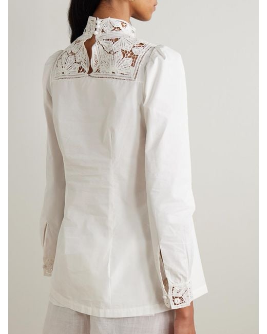 Emporio Sirenuse White Mikha Lace-Paneled Cotton-Blend Poplin Blouse