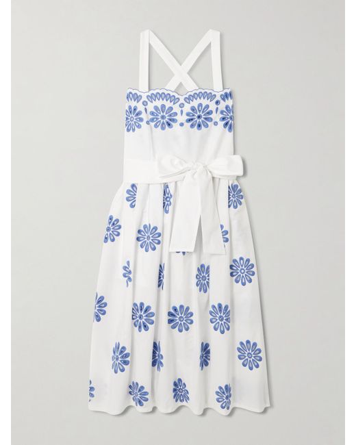 Loretta Caponi Blue Belted Scalloped Broderie Anglaise Cotton Midi Dress
