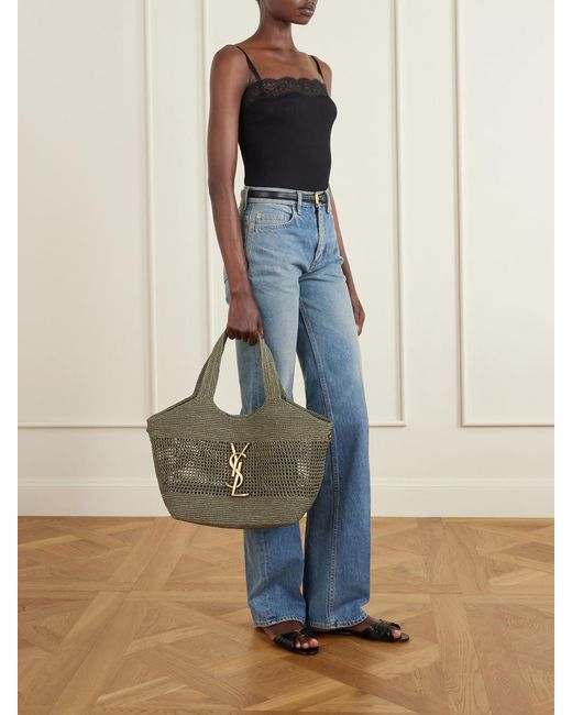 Saint Laurent Metallic Icare Maxi Leather-Trimmed Raffia Tote