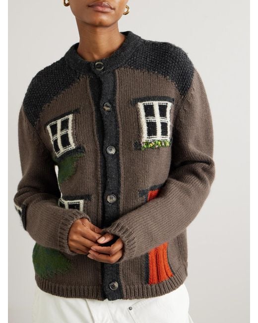 J.W. Anderson Black House Embroidered Intarsia-Knit Merino Wool Cardigan