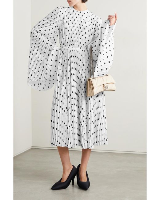 Balenciaga White Pleated Polka-Dot Crepe Midi Dress