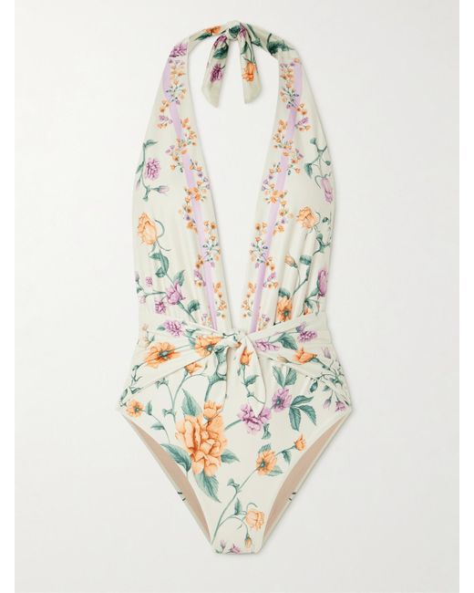 Agua Bendita White Salm Chinesis Neckholder-Badeanzug Aus Recyceltem Stretch-Material Mit Blumenprint Zum Binden