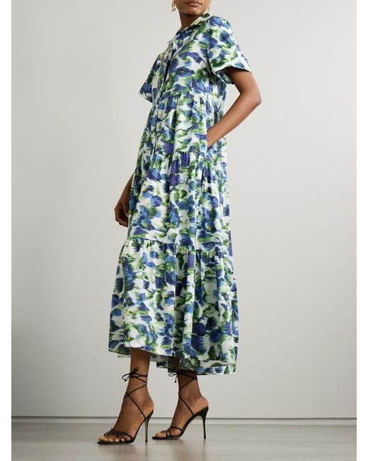 Erdem Blue Tiered Printed Cotton Midi Dress
