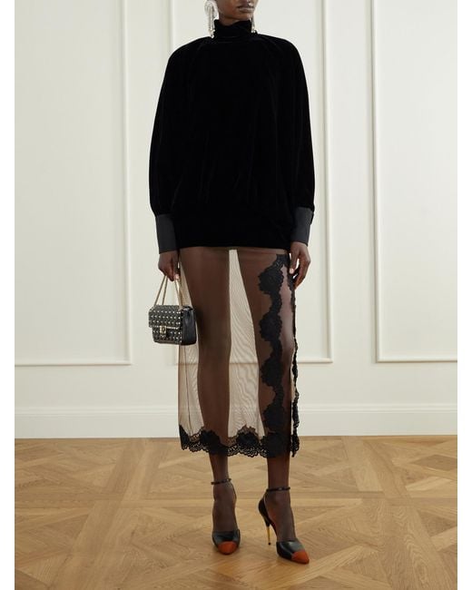 Valentino Garavani Natural Lace-Trimmed Tulle Midi Skirt
