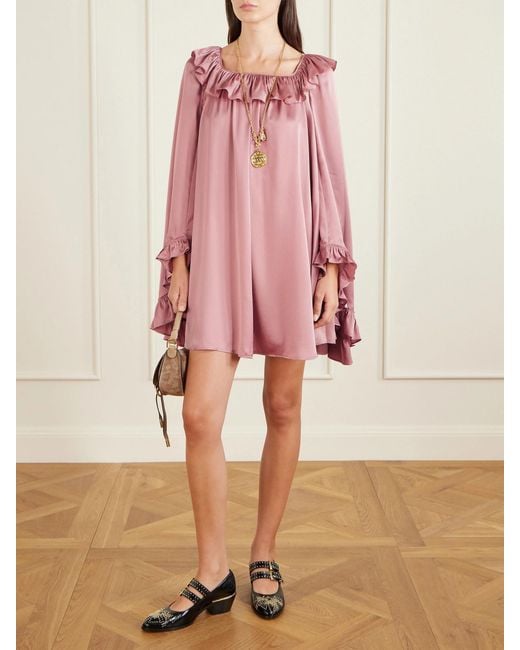 Chloé Pink Ruffled Silk-Satin Mini Dress
