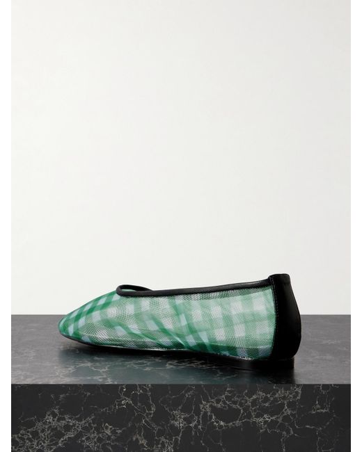 Staud Green Alba Leather-Trimmed Gingham Mesh Ballet Flats