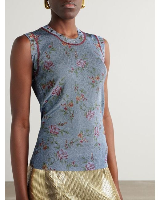 Rabanne Blue Floral-Print Metallic Knitted Tank