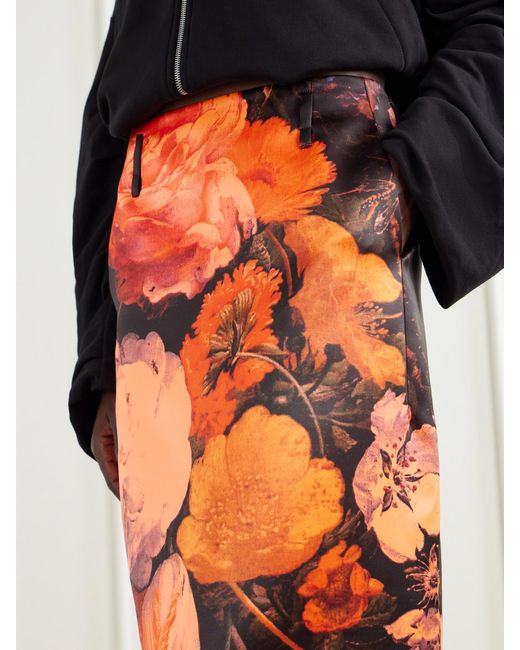 Dries Van Noten Orange Floral-Print Satin-Duchesse Midi Skirt