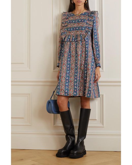 See By Chloé Blue Deva Printed Linen Midi Dress