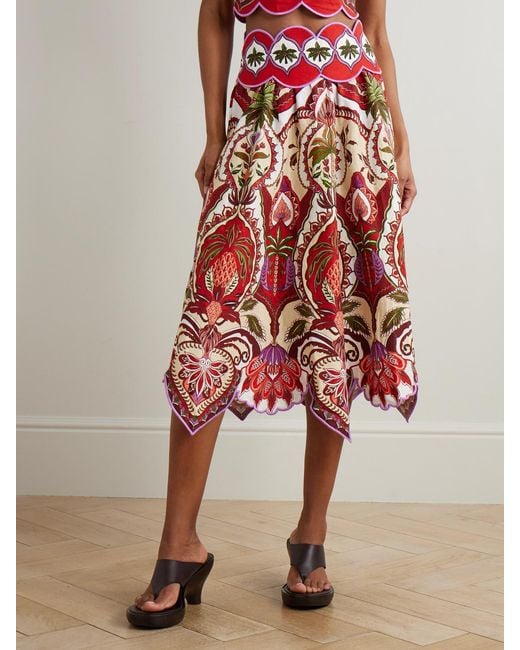Farm Rio Red Odara Scalloped Printed Linen-Blend Midi Skirt