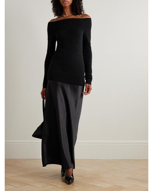 Christopher Esber Black Monument Off-The-Shoulder Layered Cashmere And Silk-Satin Maxi Dress