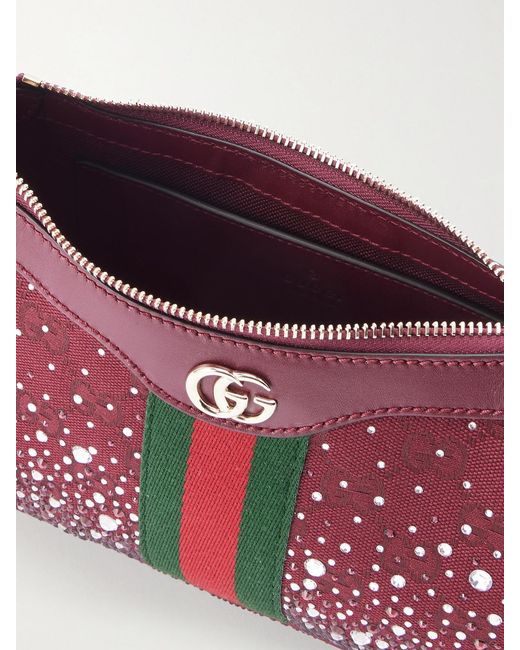 Gucci Red Ophidia Schultertasche Aus Canvas Mit Jacquard-Muster Mit Lederbesätzen Und Kristallen