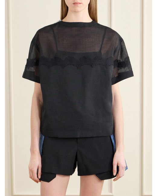 Sacai Black Lace-Trimmed Organza T-Shirt